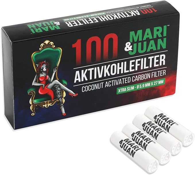 Mari & Juan 100 Aktivkohlefilter SLIM Size I 5.9mm dünne Filter mit Aktivkohle auf Kokosnussbasis, 100 Stück, Weiß I Schadstoffärmeres Raucherlebnis - Mari & Juan