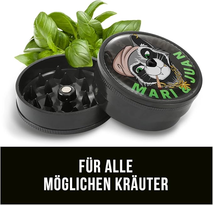 Mari & Juan Premium Grinder I Juan Edition I 2-teilig I ø 4 cm mit einer Gesamthöhe von 2 cm I aus hochwertigem Kunststoff I Kräutermühle zum Mahlen von Kräuter, Gras, Tabak, Gewürze - Mari & Juan