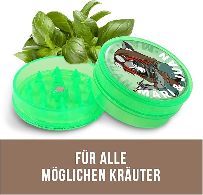 Mari & Juan Premium Grinder I Mari Edition I 2-teilig I ø 4 cm mit einer Gesamthöhe von 2 cm I aus hochwertigem Kunststoff I Kräutermühle zum Mahlen von Kräuter, Gras, Tabak, Gewürze - Mari & Juan