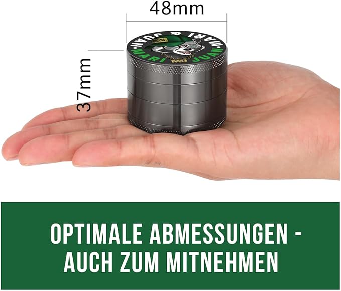 Mari & Juan Grinder I 4-teilig I ø 4,8 cm mit einer Gesamthöhe von 3,7 cm I aus hochwertigem Zink I Graue Kräutermühle zum Mahlen von Kräuter und Gewürze I inkl. Pollenschieber - Mari & Juan