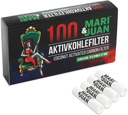 Mari & Juan 100 Aktivkohlefilter SLIM Size I 5.9mm dünne Filter mit Aktivkohle auf Kokosnussbasis, 100 Stück, Weiß I Schadstoffärmeres Raucherlebnis - Mari & Juan