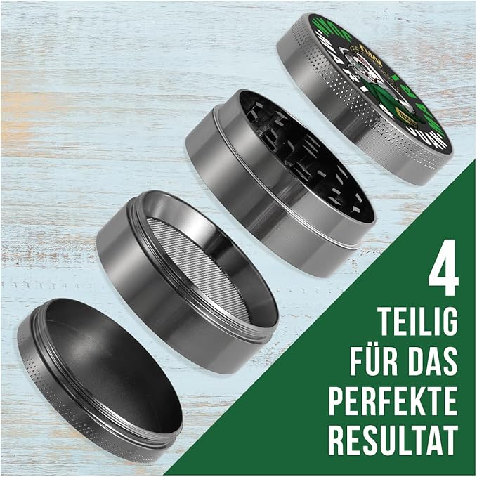 Mari & Juan Grinder I 4-teilig I ø 4,8 cm mit einer Gesamthöhe von 3,7 cm I aus hochwertigem Zink I Graue Kräutermühle zum Mahlen von Kräuter und Gewürze I inkl. Pollenschieber - Mari & Juan
