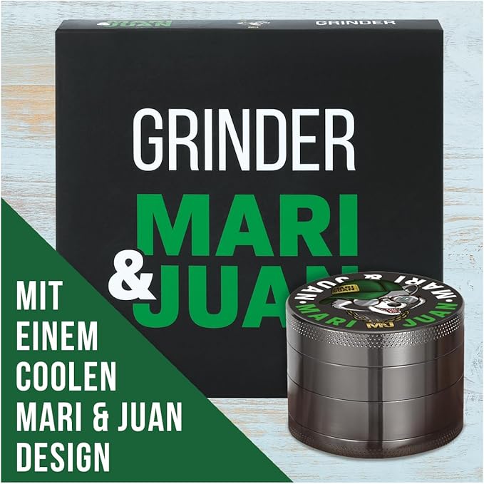 Mari & Juan Grinder I 4-teilig I ø 4,8 cm mit einer Gesamthöhe von 3,7 cm I aus hochwertigem Zink I Graue Kräutermühle zum Mahlen von Kräuter und Gewürze I inkl. Pollenschieber - Mari & Juan