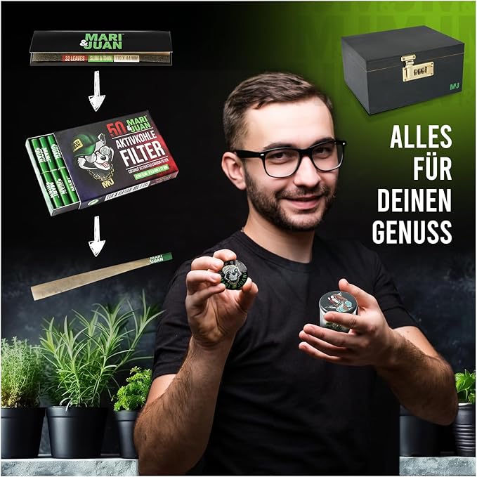 Mari & Juan Bambusbox Grinder Box I Aufbewahrungsbox mit Zahlenschloss, inkl. Rolltablett Blättchen Filter Glasbehälter u.v.m. I Grinder Set I Kräuter Zubehör Stash Box I Crusher Set in Anthrazit - Mari & Juan