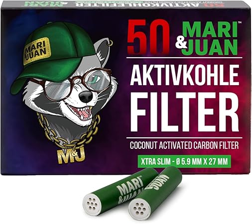 Mari & Juan 50 Aktivkohlefilter SLIM I 5,9 mm dünne Filter mit Aktivkohle auf Kokosnussbasis, 50 Stück in Grün I Schadstoffärmeres Rauchgefühl - Mari & Juan
