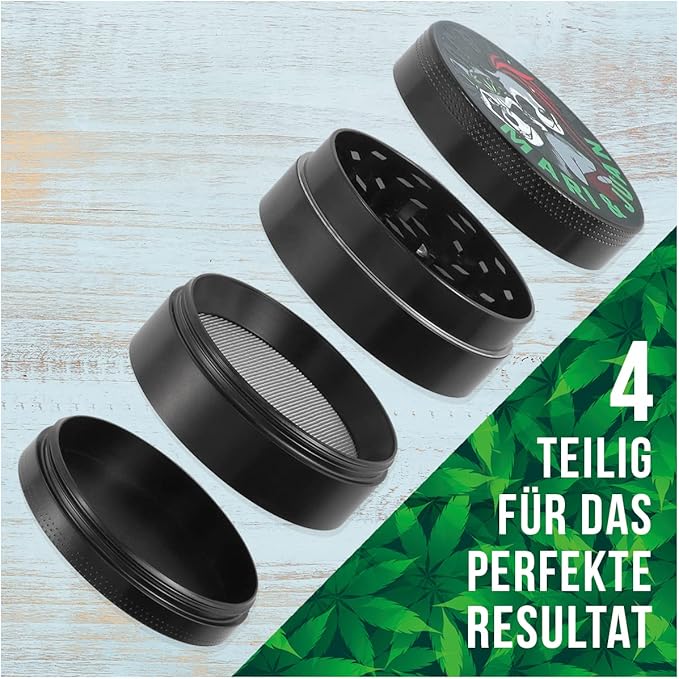 Mari & Juan Premium Grinder Set 2024 | 4-teilig, ø 48 mm, Höhe 3,7 mm | Aus hochwertigem Zink | Kräutermühle inkl. Pollenschieber | Ideal für Gewürze & Kräuter - Mari & Juan