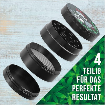 Mari & Juan Premium Grinder Set 2024 | 4-teilig, ø 48 mm, Höhe 3,7 mm | Aus hochwertigem Zink | Kräutermühle inkl. Pollenschieber | Ideal für Gewürze & Kräuter - Mari & Juan