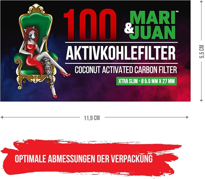Mari & Juan 100 Aktivkohlefilter SLIM Size I 5.9mm dünne Filter mit Aktivkohle auf Kokosnussbasis, 100 Stück, Weiß I Schadstoffärmeres Raucherlebnis - Mari & Juan