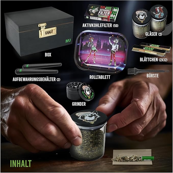 Mari & Juan Bambusbox Grinder Box I Aufbewahrungsbox mit Zahlenschloss, inkl. Rolltablett Blättchen Filter Glasbehälter u.v.m. I Grinder Set I Kräuter Zubehör Stash Box I Crusher Set in Anthrazit - Mari & Juan