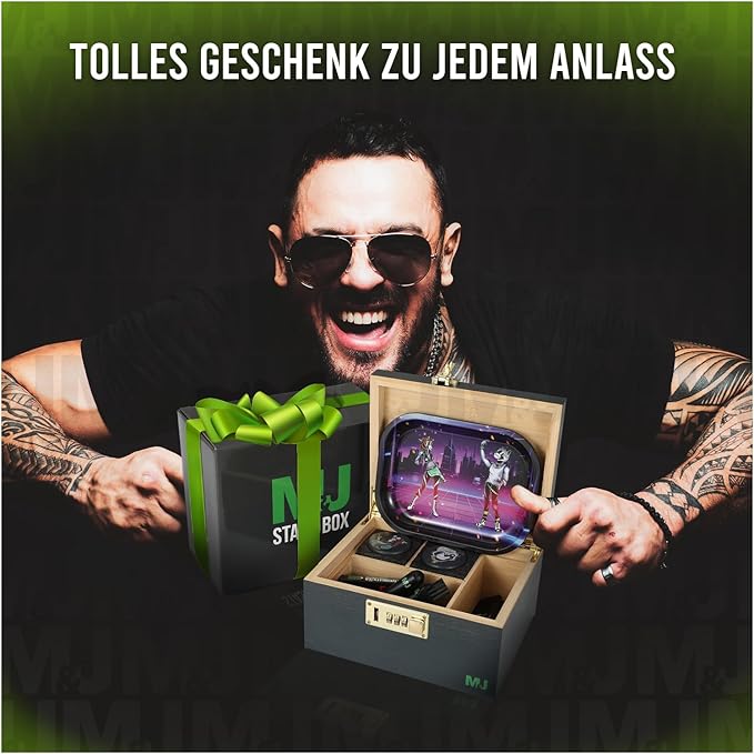 Mari & Juan Bambusbox Grinder Box I Aufbewahrungsbox mit Zahlenschloss, inkl. Rolltablett Blättchen Filter Glasbehälter u.v.m. I Grinder Set I Kräuter Zubehör Stash Box I Crusher Set in Anthrazit - Mari & Juan