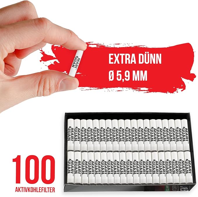 Mari & Juan 100 Aktivkohlefilter SLIM Size I 5.9mm dünne Filter mit Aktivkohle auf Kokosnussbasis, 100 Stück, Weiß I Schadstoffärmeres Raucherlebnis - Mari & Juan