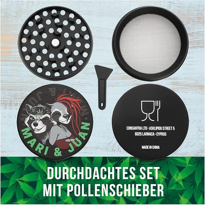 Mari & Juan Premium Grinder Set 2024 | 4-teilig, ø 48 mm, Höhe 3,7 mm | Aus hochwertigem Zink | Kräutermühle inkl. Pollenschieber | Ideal für Gewürze & Kräuter - Mari & Juan