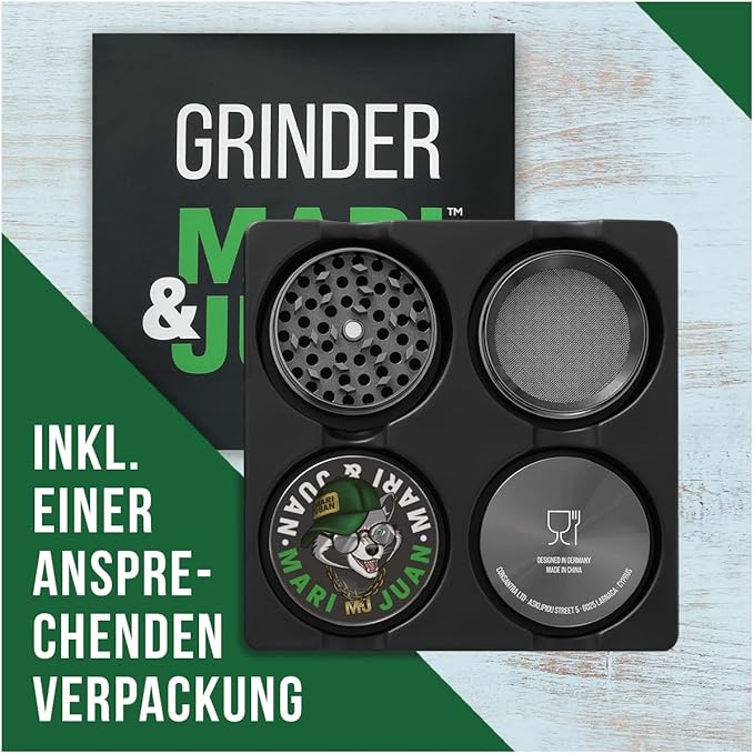 Mari & Juan Grinder I 4-teilig I ø 4,8 cm mit einer Gesamthöhe von 3,7 cm I aus hochwertigem Zink I Graue Kräutermühle zum Mahlen von Kräuter und Gewürze I inkl. Pollenschieber - Mari & Juan