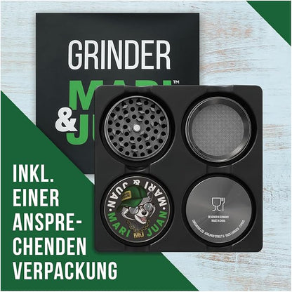 Mari & Juan Grinder I 4-teilig I ø 4,8 cm mit einer Gesamthöhe von 3,7 cm I aus hochwertigem Zink I Graue Kräutermühle zum Mahlen von Kräuter und Gewürze I inkl. Pollenschieber - Mari & Juan