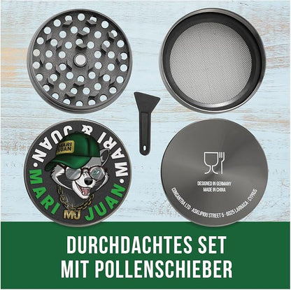 Mari & Juan Grinder I 4-teilig I ø 4,8 cm mit einer Gesamthöhe von 3,7 cm I aus hochwertigem Zink I Graue Kräutermühle zum Mahlen von Kräuter und Gewürze I inkl. Pollenschieber - Mari & Juan