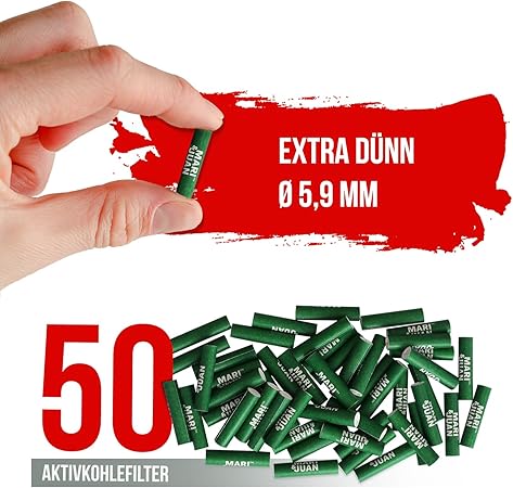 Mari & Juan 50 Aktivkohlefilter SLIM I 5,9 mm dünne Filter mit Aktivkohle auf Kokosnussbasis, 50 Stück in Grün I Schadstoffärmeres Rauchgefühl - Mari & Juan