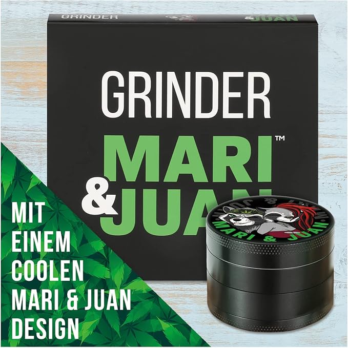 Mari & Juan Premium Grinder Set 2024 | 4-teilig, ø 48 mm, Höhe 3,7 mm | Aus hochwertigem Zink | Kräutermühle inkl. Pollenschieber | Ideal für Gewürze & Kräuter - Mari & Juan