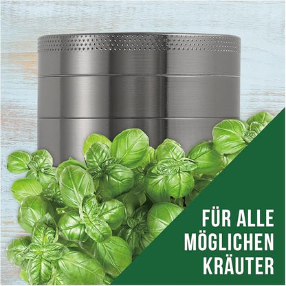 Mari & Juan Grinder I 4-teilig I ø 4,8 cm mit einer Gesamthöhe von 3,7 cm I aus hochwertigem Zink I Graue Kräutermühle zum Mahlen von Kräuter und Gewürze I inkl. Pollenschieber - Mari & Juan