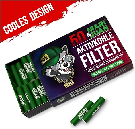 Mari & Juan 50 Aktivkohlefilter SLIM I 5,9 mm dünne Filter mit Aktivkohle auf Kokosnussbasis, 50 Stück in Grün I Schadstoffärmeres Rauchgefühl - Mari & Juan
