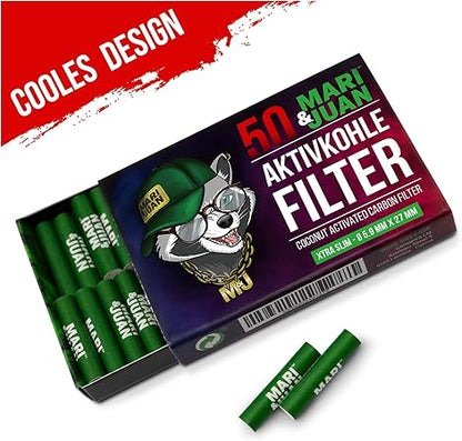 Mari & Juan 50 Aktivkohlefilter SLIM I 5,9 mm dünne Filter mit Aktivkohle auf Kokosnussbasis, 50 Stück in Grün I Schadstoffärmeres Rauchgefühl - Mari & Juan