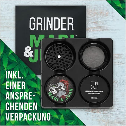 Mari & Juan Premium Grinder Set 2024 | 4-teilig, ø 48 mm, Höhe 3,7 mm | Aus hochwertigem Zink | Kräutermühle inkl. Pollenschieber | Ideal für Gewürze & Kräuter - Mari & Juan