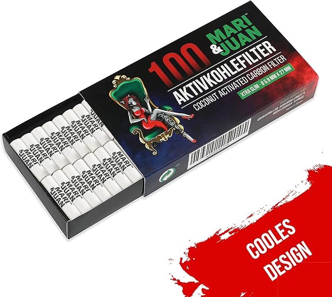 Mari & Juan 100 Aktivkohlefilter SLIM Size I 5.9mm dünne Filter mit Aktivkohle auf Kokosnussbasis, 100 Stück, Weiß I Schadstoffärmeres Raucherlebnis - Mari & Juan