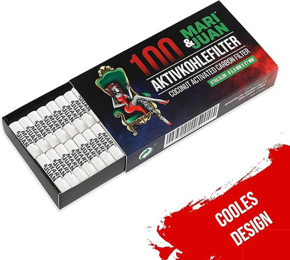 Mari & Juan 100 Aktivkohlefilter SLIM Size I 5.9mm dünne Filter mit Aktivkohle auf Kokosnussbasis, 100 Stück, Weiß I Schadstoffärmeres Raucherlebnis - Mari & Juan