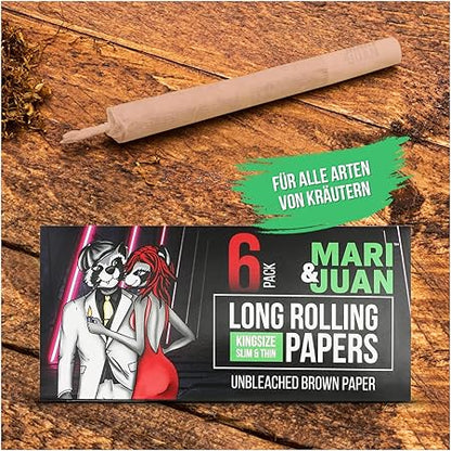 Mari & Juan Long Papers I 24 Heftchen mit je 32 Slim King Size Blättchen, braun und ungebleicht für den längeren Genuss - Mari & Juan